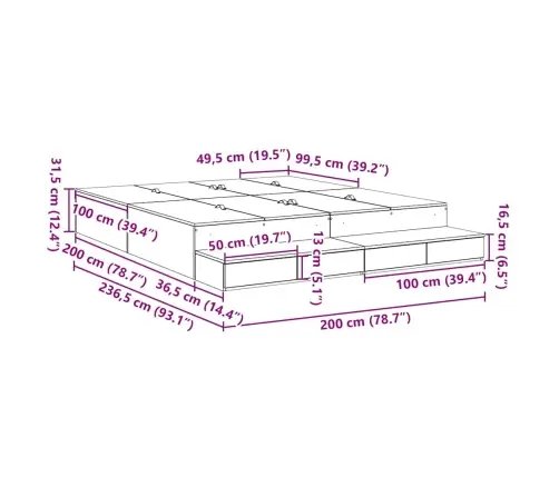 Uzglabāšanas Gultas Rāmis Pelēks Sonoma 200X200 Cm Vidaxl
