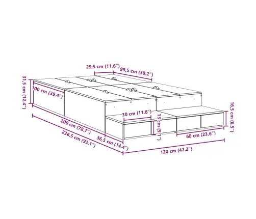 Uzglabāšanas Gultņu Rāmis Betona Pelēks 120X200 Cm Vidaxl