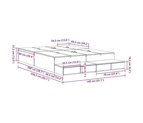 Voodi Hoiukohaga Raam Sahtliga Must Tamm 140 Cm Tehispuit