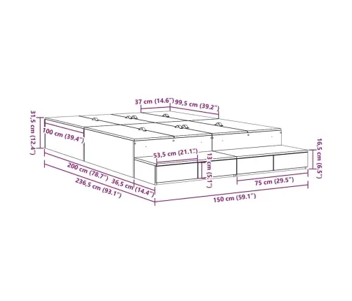 Uzglabāšanas Gultas Rāmis Pelēks Sonoma 150X200 Cm Vidaxl