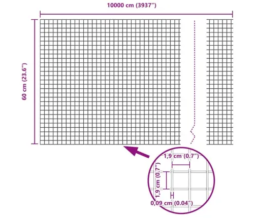 Metināts Stieples Žogs Pelēks 0.6X100 M Tērauds Vidaxl
