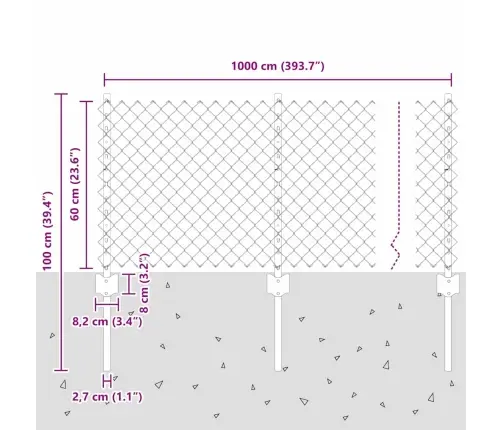 Tīkla Žogs Ar 10 U Stabiem Pelēks 0.6X10 M Tērauds Vidaxl