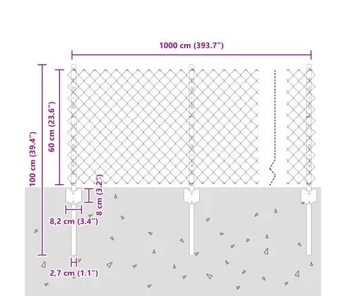 Tīkla Žogs Ar 10 U Stabiem Pelēks 0.6X10 M Tērauds Vidaxl