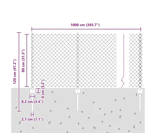 Žoga Tīkls Ar 10 U Stabiem Pelēkā Krāsā 0.8X10 M Tērauda Vidaxl
