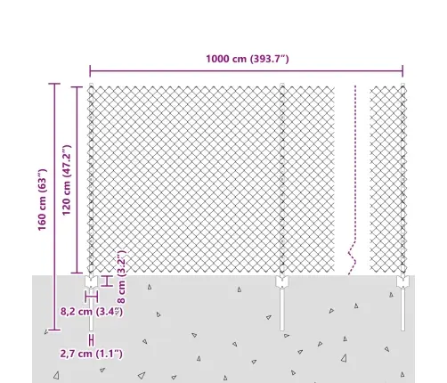 Pelēks Ķēdes Žogs Ar 20 U Stabiem 1.2X10 M Tērauda Vidaxl