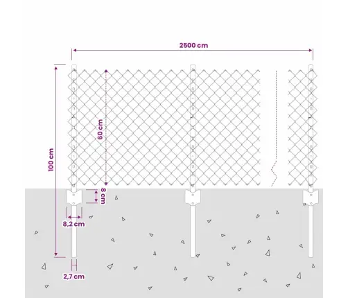 Ķēdes Žogs Ar 22 U Stabiem Pelēks 0.6X25 M Tērauds Vidaxl