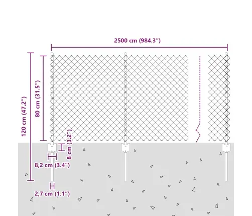 Pārklājuma Žogs Ar 22 U Stabiem Pelēks 0.8X25 M Tērauds Vidaxl
