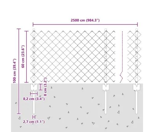 Ķēdes Sieta Žogs Ar 22 U Stabiem Pelēks 0.6X25 M Tērauds Vidaxl
