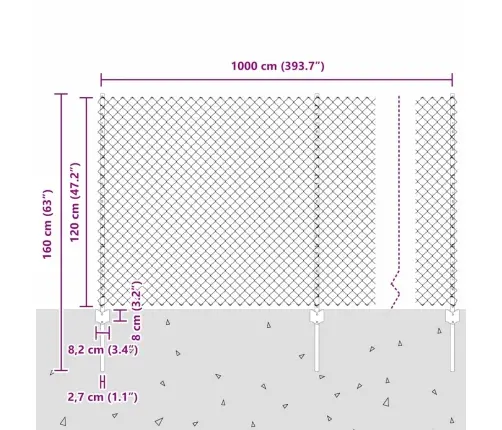 Ķēdes Saites Žogs Ar 20 U Stabiem Sudraba Krāsā 1,2X10 M Tērauds Vidaxl