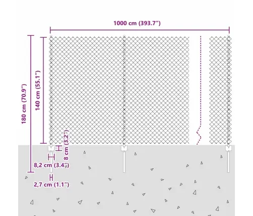 Ķēdes Žogs Ar 20 U Stabiem Sudraba 1.4X10 M Tērauds Vidaxl