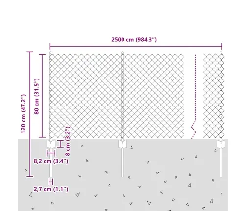 Ķēdes Saišu Žogs Ar 22 U Stabiem Sudraba 0,8X25 M Tērauda Vidaxl