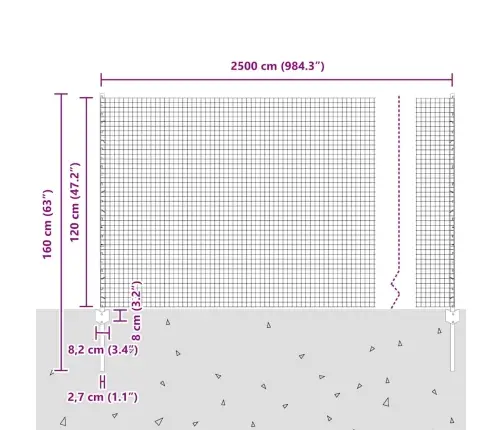 Metināts Sieta Žogs Ar 22 U Stabiem Sudrabā 1.2X25 M Tērauda Vidaxl