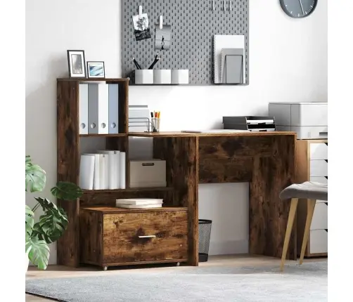 Galds Ar Atvilktni Ar Plauktu Ar Uzglabāšanu Dūmakaina Ozolkoka 131.5 X 50 X 106.5 Cm Vidaxl