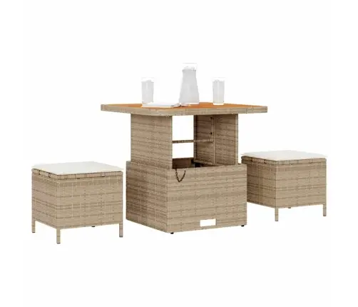 3 Gabalu Dārza Ēdamgalds Ar Spilveniem Bēšā Poliratanā Un Akacijā Vidaxl