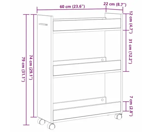 Rullējošais Skapītis Melnā Ozola Krāsā 60X22X79 Cm Inženierijas Koks Vidaxl