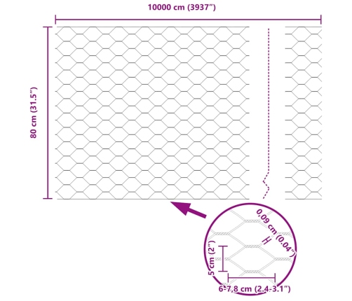 Sešstūra Žogs Zaļa 10000 X 0.09 X 80 Cm Tērauds Vidaxl