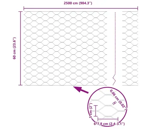 Sešstūra Žogs Pelēks Sudraba 0.6 X 25 M Cinkots Tērauds Vidaxl