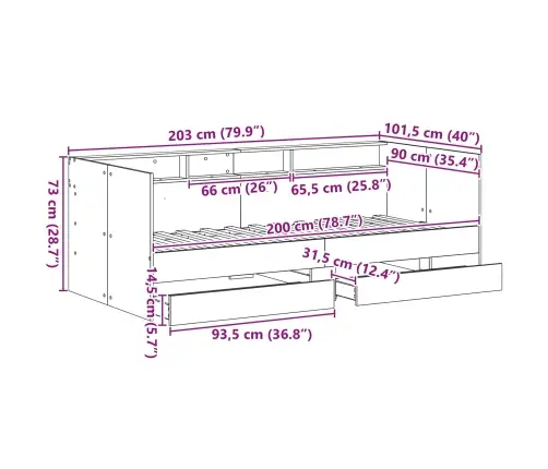 Dienas Gulta Ar Atvilktnēm Betona Pelēka 90X200 Cm Inženiertehniskā Koksne Vidaxl