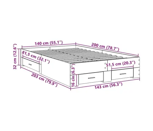 Gultas Rāmis Sonoma Ozols 140X200 Cm Inženiertehniskā Koksne Vidaxl