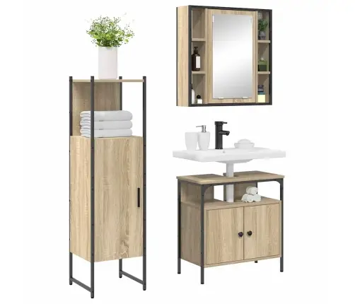 3 Daļu Vannas Istabas Mēbeļu Komplekts Gaiši Ozols Inženieru Koksne Vidaxl