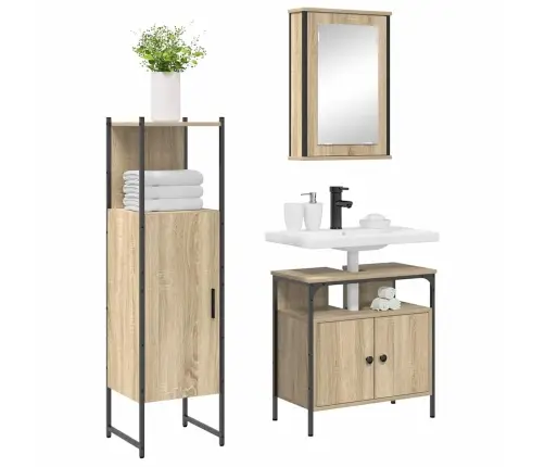 Vonios Baldų Rinkinys Su Lentyna 3 Pcs Ruda Apdirbta Mediena