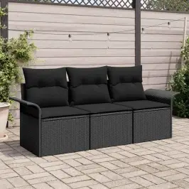Sodo Sofų Rinkinys 3 Pcs Juoda 196 X 62 X 85Cm Poliratanas