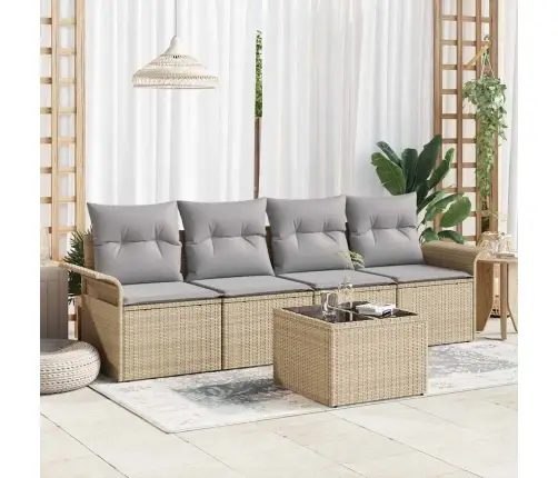 5 Gabalu Dārza Dīvānu Komplekts Ar Spilveniem - Bēša Poliratanas Vidaxl