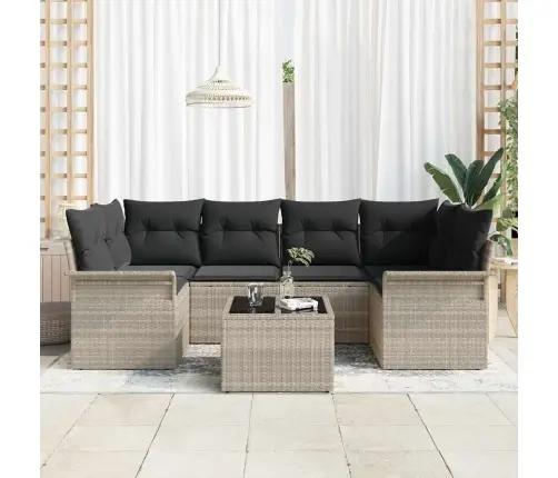 7 Daļu Dārza Dīvānu Komplekts Ar Spilveniem Gaiši Pelēkā Krāsā Poliratanā Vidaxl