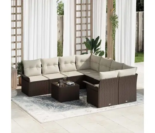 9 Daļu Dārza Dīvānu Komplekts Ar Spilveniem, Brūna Poli Rotangpalma Vidaxl