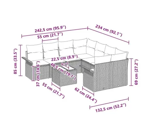 9 Gabalu Dārza Sofa Komplekts Ar Spilveniem Bēšā Poli Rotangpalmas Vidaxl