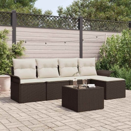 Sodo Sofų Rinkinys Su Pagalve 6 Pcs Ruda Poli Ratanas