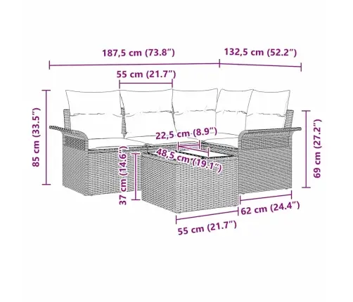 Sodo Sofų Rinkinys Su Pagalve 5 Pcs Ruda Poliratanas