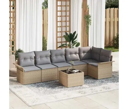 Sodo Sofų Rinkinys Su Pagalve 7 Pcs Smėlio Poliratanas