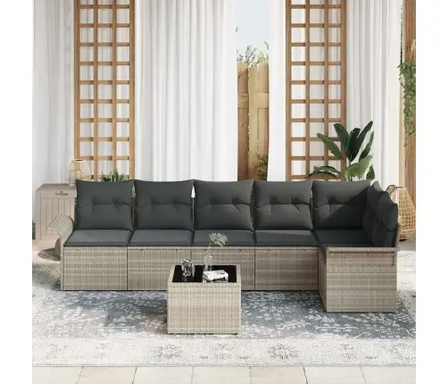 7 Daļu Dārza Dīvānu Komplekts Ar Spilveniem - Pelēks Poliratanas Vidaxl