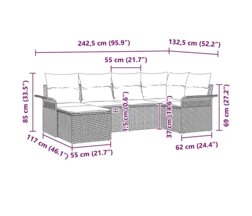 6 Daļu Dārza Dīvānu Komplekts Ar Spilveniem Brūns Poli Rotangpalma Vidaxl