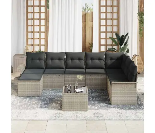 9 Daļu Dārza Dīvānu Komplekts Ar Spilveniem, Gaiši Pelēka Poli Rotangpalma Vidaxl