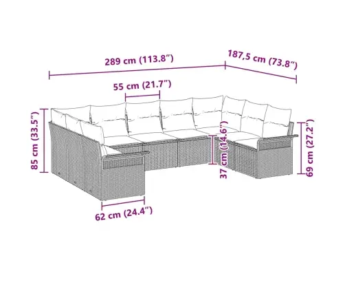 9 Daļu Dārza Dīvānu Komplekts Ar Spilveniem Pelēkā Polietilēna Rotangpalma Vidaxl