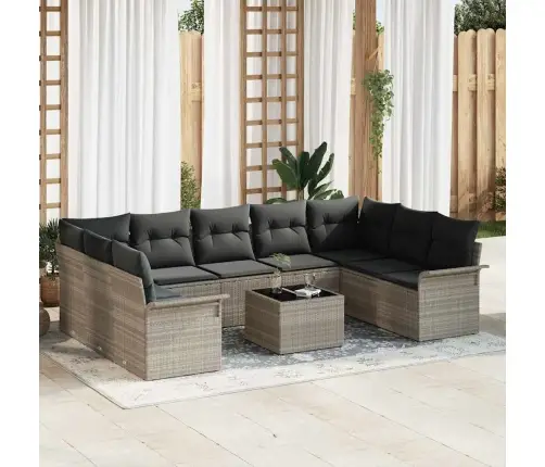 Sodo Sofų Rinkinys Su Pagalve 10 Pcs Šviesiai Pilka Poliratanas