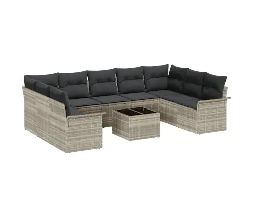 Sodo Sofų Rinkinys Su Pagalve 10 Pcs Šviesiai Pilka Poliratanas