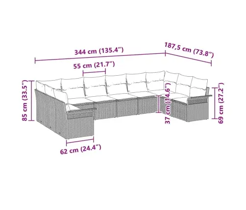 10 Gabalu Dārza Dīvānu Komplekts Ar Spilveniem Bēša Poli Rotangpalma Vidaxl