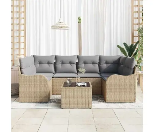 Sodo Sofų Rinkinys 7 Pcs Smėlio 55 X 55 X 37 Cm Poli Ratanas