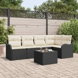 Sodo Sofų Rinkinys Su Pagalve 6 Pcs Juoda Poli Ratanas