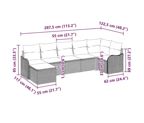 7 Gabalu Dārzs Dīvanu Komplekts Ar Spilveniem Gaiši Pelēks Polietilēna Rotangpalma Vidaxl