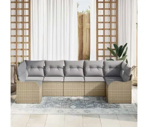 7 Daļu Dārza Dīvānu Komplekts Ar Spilveniem Bēšs Polirattan Vidaxl