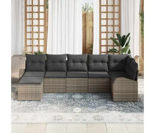 7 Daļu Dārza Dīvānu Komplekts Ar Spilveniem Pelēkā Poliestera Rotangā Vidaxl