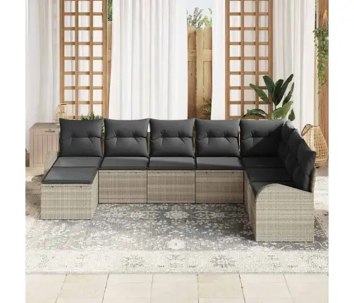 Sodo Sofų Rinkinys Su Pagalve 8 Pcs Šviesiai Pilka Poli Ratanas