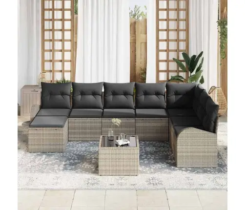 Sodo Sofų Rinkinys Su Pagalve 9 Pcs Šviesiai Pilka Poli Ratanas