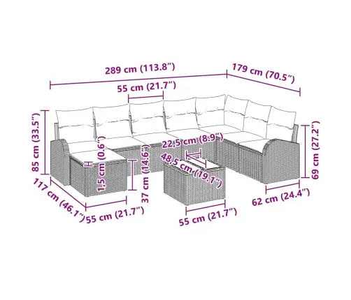 Sodo Sofų Rinkinys Su Pagalve 9 Pcs Šviesiai Pilka Poli Ratanas