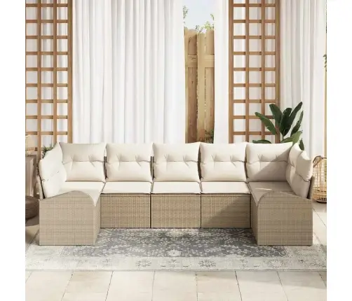 7 Gabalu Dārza Dīvānu Komplekts Ar Spilveniem, Bēšs, Poli Rotangpalma Vidaxl