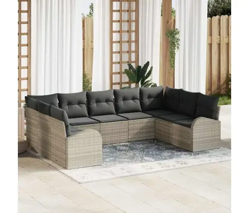 Sodo Sofų Rinkinys 9 Pcs Šviesiai Pilka Poli Ratanas